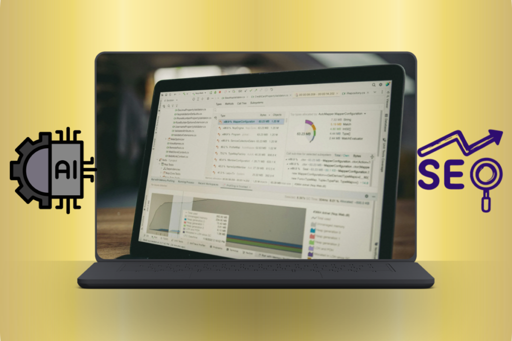 A laptop displaying an SEO tools dashboard with AI and search optimization icons, representing digital marketing and online growth tools.”